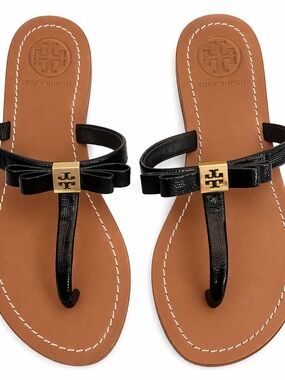 Tory Burch Black Patent Leather Bow Thong Sandals with Gold Logo